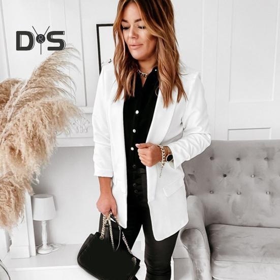 Women Suit Coat Blazer Solid Color Open Stitch Long Sleeves Slim FIt Lapel Soft Anti wrinkle Formal Business Coat Mid Length Jacket