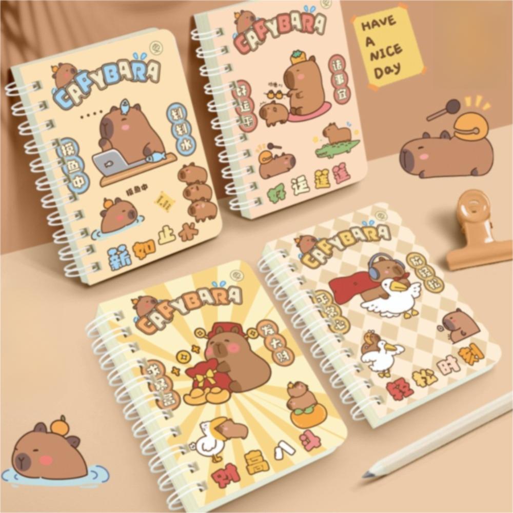 4Pcs/Set Portable Cute Capybara Notebook 80 Sheets Line Circle Coil Notebook Cartoon Small Notepad Exam Preparation