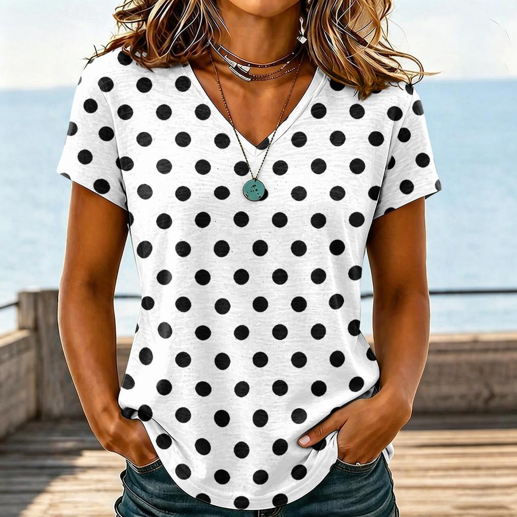 Women Casual V Neck T Shirt Plaid Checkered Printed Short Sleeve Blouse Lightweight Soft Fabric Top for Daily Wear