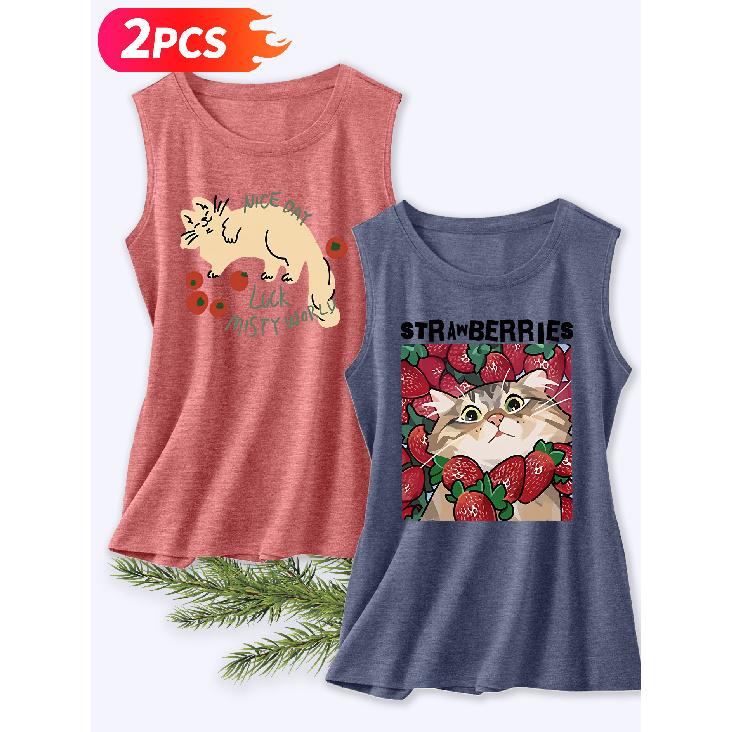 Follow a Specific Direction Two-piece Women's Vest Set Funny Cat Doodle Print Elegant Summer Party Outfits Sleeveless Vest Essential Fashion Items