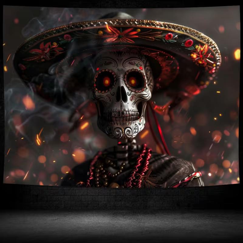 2D Dia De Los Muertos Tapestry, Mexican Sugar Skull & Bokeh Lights Wall Art for Home Decor
