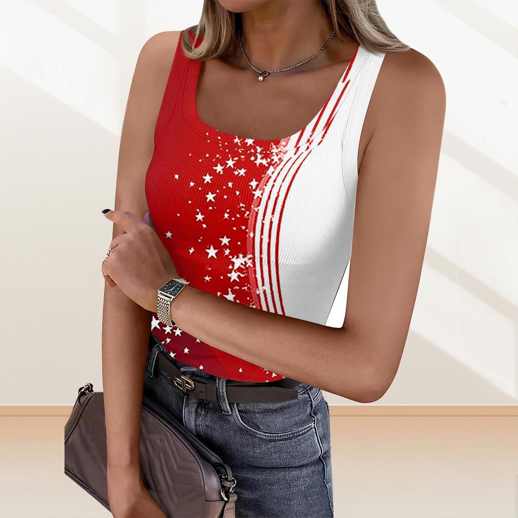 Women's Summer Fashionable Casual Independence Day Printed Round Neck Sleeveless Top Fitted Vest
