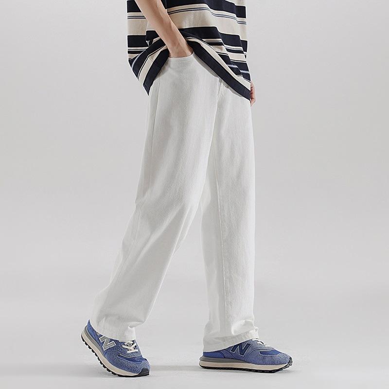 New Spring and Summer Cotton White Loose Straight Jeans Men's Trousers Wide-leg Pants