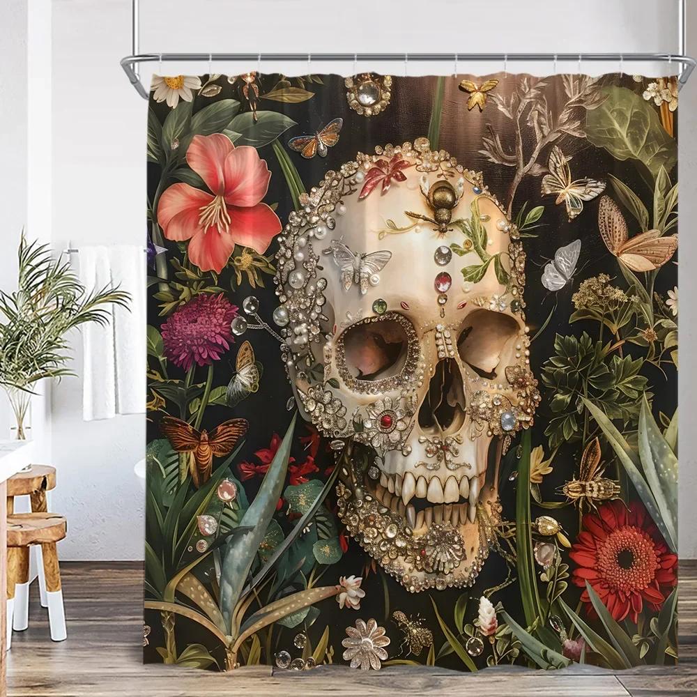 

Funny Floral Skull Shower Curtain Bathroom Decoration Happy Halloween Polyester Shower Curtain with Hook 90X180cm