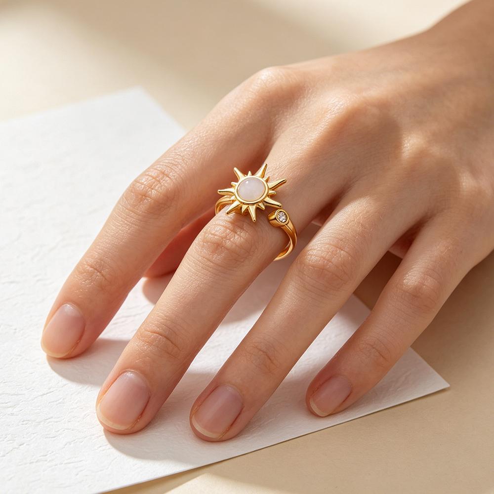 Sun Cat Eye Stone Rotating Opening Ring, Female Adjustable Zircon Stress Relieving Fingertip Gyro Ring, Anti Anxiety And Str