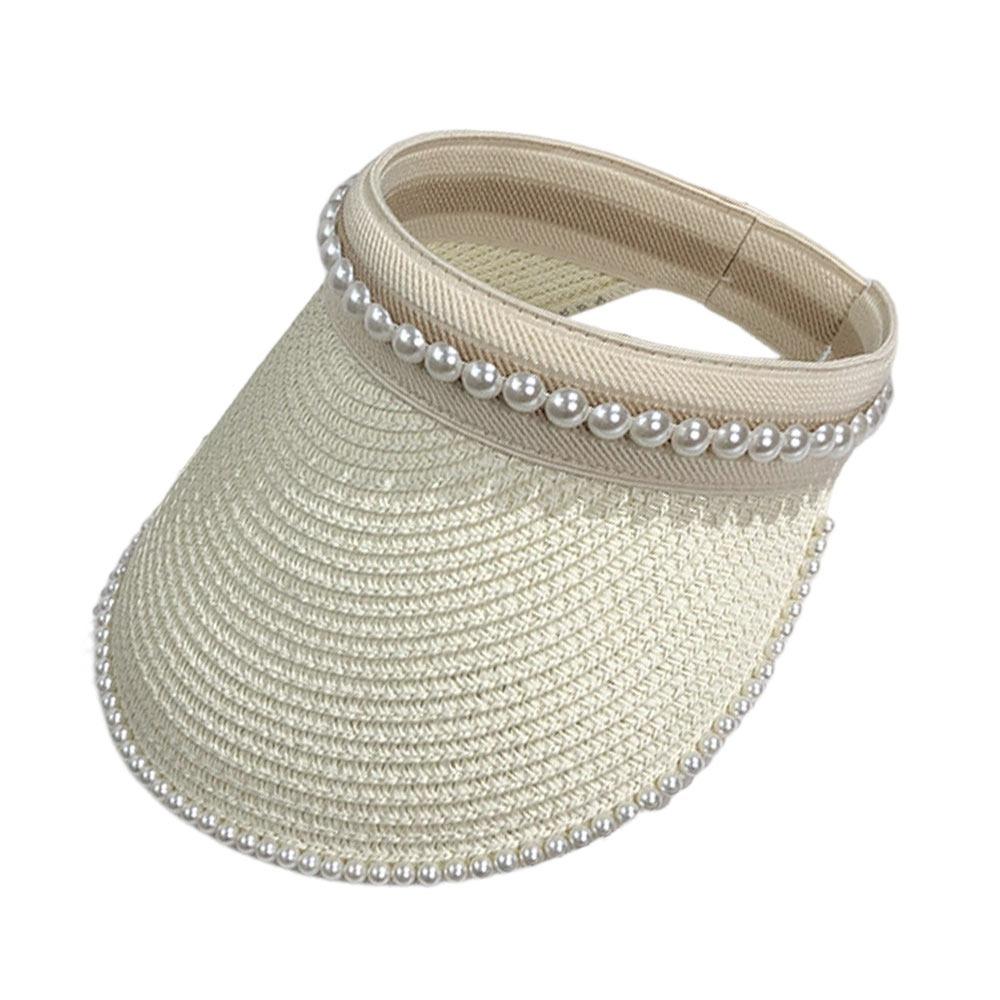 Wide Brim Sun Hat Pearl Decorated Straw Hat Imitation Pearl Beach Hat  UV Protection