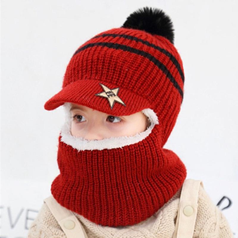 1PC Mask Thick Beanie Hats Face Cover Knitted Kid Hairball Hat Winter Boys Child Girls Cap