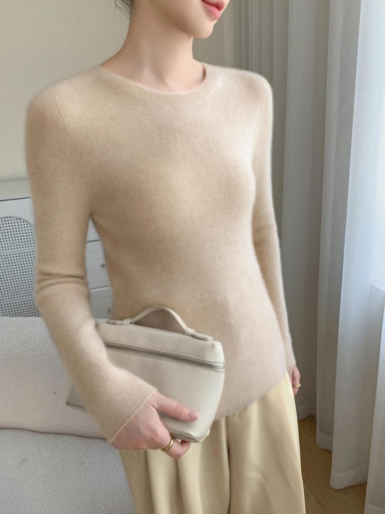 Women's Slim Fit Cashmere Sweater - Long Sleeve, Round Neck, Autumn/Winter Knitwear, Skin-Friendly, Stylish Base Layer