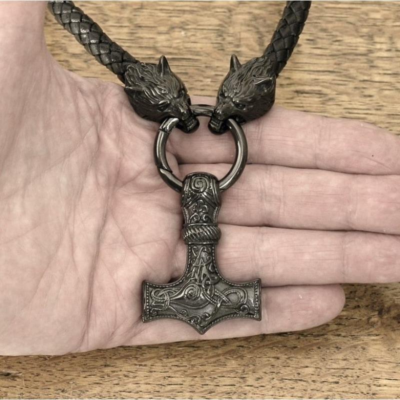 Nordische Wikinger Lederkette mit Hammer Keltischer Wolfskopf Halskette Herren Lange Schmuck