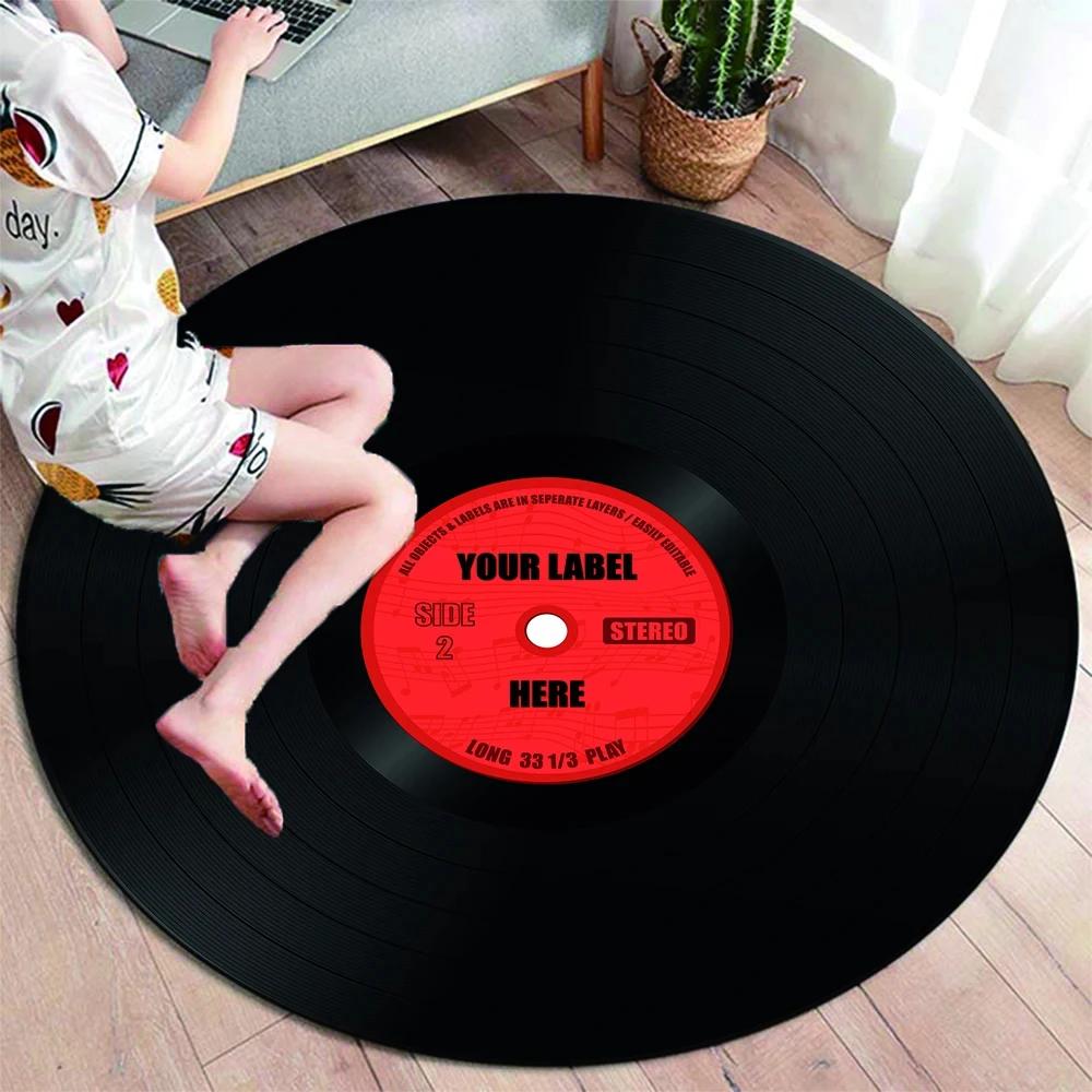 Runder Teppich mit klassischer Musik-Schallplatte, Teppiche für die Dekoration von Wohnzimmerstühlen, weiche, rutschfeste Bodenmatte zum Spielen für Kinder