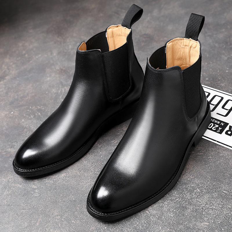 Men's Autumn High-Top Pointed Chelsea Boots - European & American Style Cowhide Slip-On