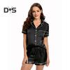 2 Pcs/Set Women Shirt Shorts Suit V Neck Lapel Short Sleeves Satin Solid Color Top Elastic Waist Short Trousers Homewear Loungewear Outfit Summer