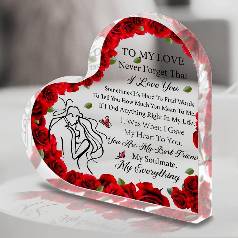 2D Flat Heart-Shaped Acrylic Gift Sign Desk Decor Plaque, Rose Pattern Surround Design, Suitable for Wall Decoration, Porch, Room, Villa, Accents Home