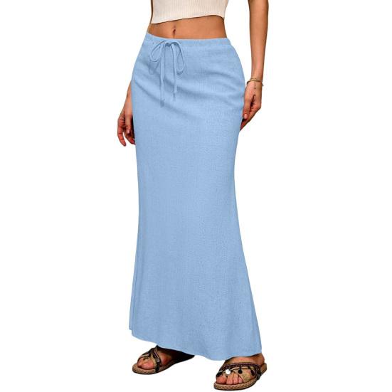 Maxi sukně v boho stylu s vysokým pasem, nastavitelnou stahovací šňůrkou, dlouhá sukně s rozparkem vzadu, jednobarevná, sukně pro office lady