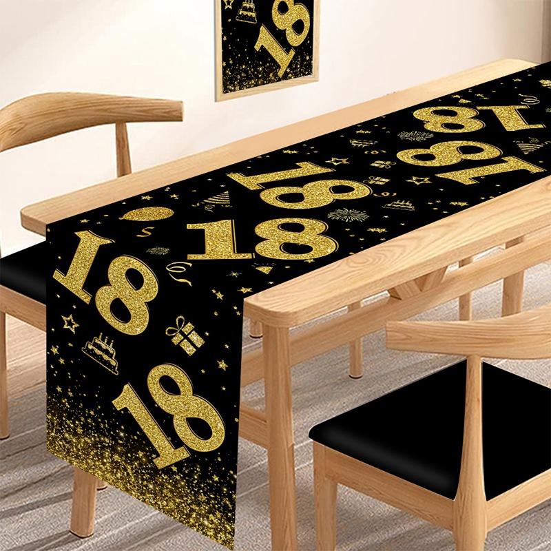 18 30 40 50 Year Old Black Gold Table Runner Happy Birthday Party Decoration Adult 30th 40th 50th 60t Birthday Tablecloth Banner