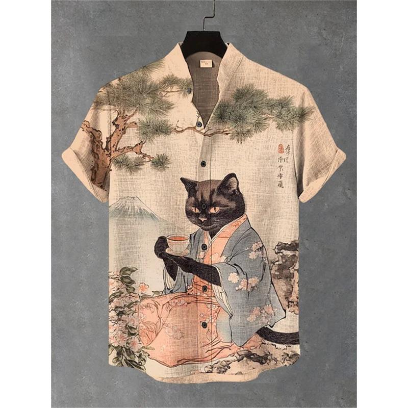 Men's short-sleeved shirt with a fun cat print, stand-up collar, single-breasted casual style. Hawaiian shirt, men's unique top.