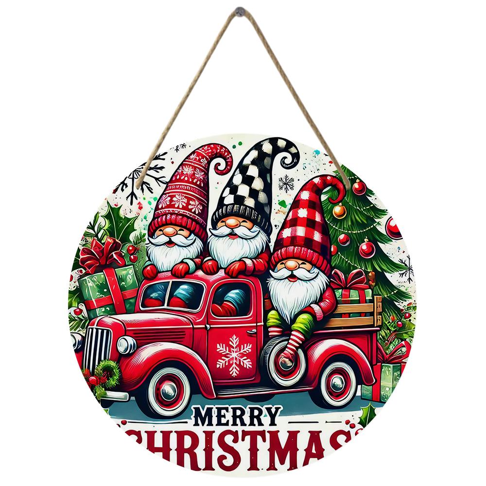 Christmas Gnomes Truck Print Round Wooden Hanging Plaque Farmhouse Wall Decor Festive Winter Porch Sign Holiday Home Decoration