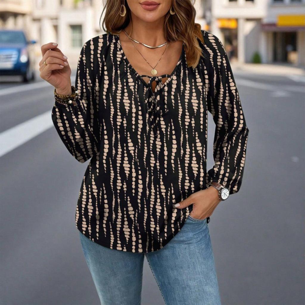 Ladies' Plus Size Comfortable Loose Fashionable Casual Tied Rope Casual And Fashionable Printing Shirt Long Sleeved Top