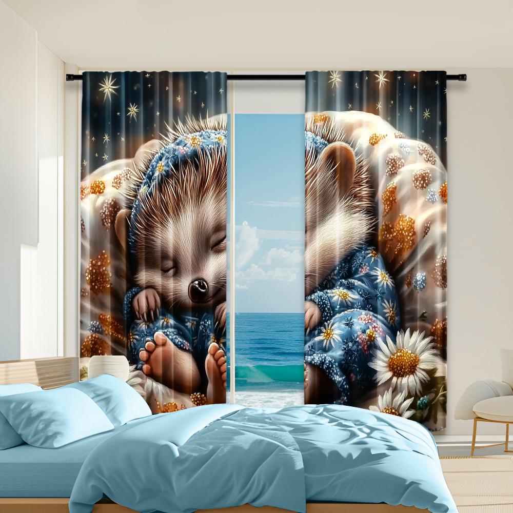 

2 pcs, versatile polyester transparent curtains for home decoration Sleeping Hedgehog for use in bedrooms and living rooms 29x65in(75x166cm)