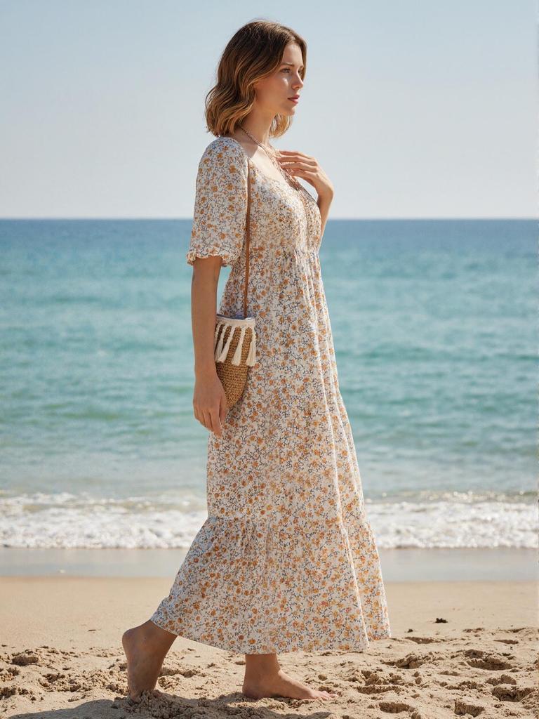 Boho Strand Lässig U-Ausschnitt Kurzarm Damenkleid (2026)