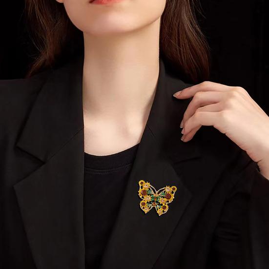 Sunflower Butterfly Brooch Rhinestone Butterfly Lapel Pin Sparkling Flower Brooch Pin for Blazers Coats Shirts Sweaters