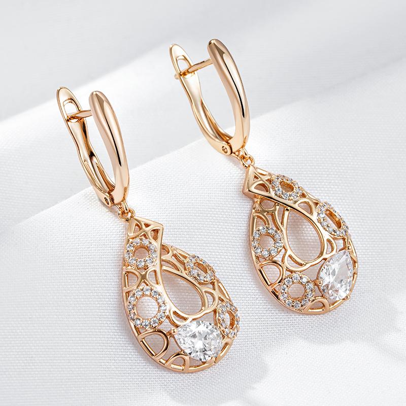 Kienl Rose Gold Color Ethnic Bride Long Big Earring For Women Fashion Natural Zircon Glossy Flower Daily Vintage Jewelry