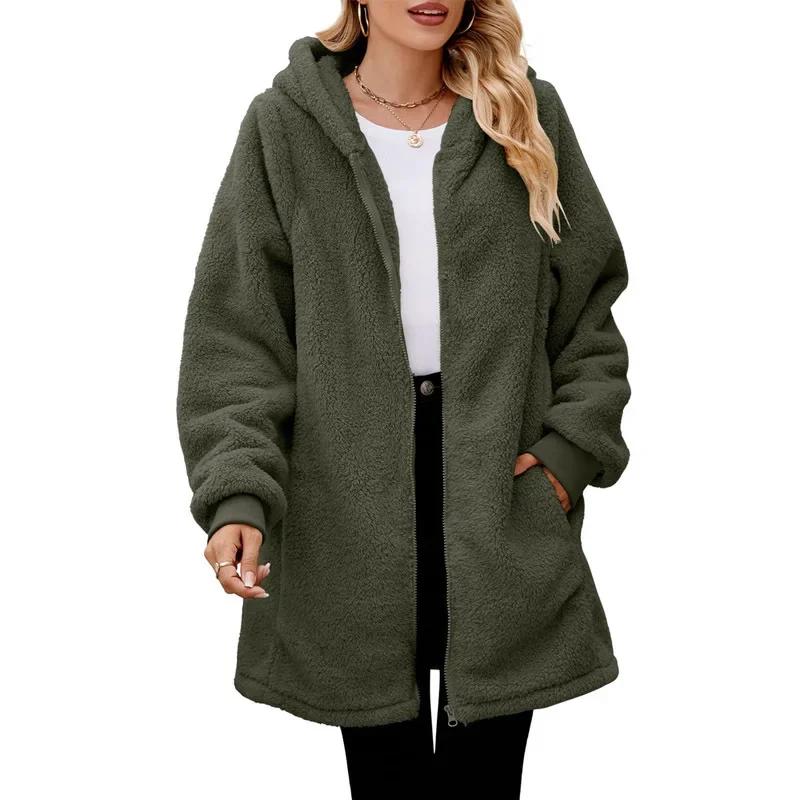 Winter Women's Jackets Loose Fur Long Sleeve Hooded Zipper Cardigan Coat Thickened Warm Casual Outerwear