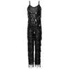 Girls Disco Latin Dance Jumpsuit Multi Layer Shiny Sequin Tassels Sleeveless Adjustable Straps Long Pants