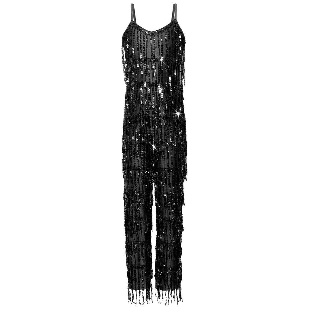 Girls Disco Latin Dance Jumpsuit Multi Layer Shiny Sequin Tassels Sleeveless Adjustable Straps Long Pants