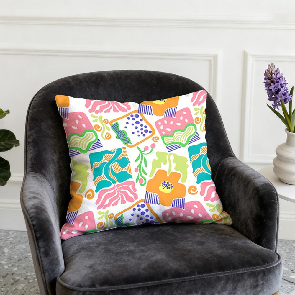 1Pcs Cushion Cover, With Intertwined Geometric + Flower Patterns In Pink, Orange And Green, Bright And Lively Style, Double-Si