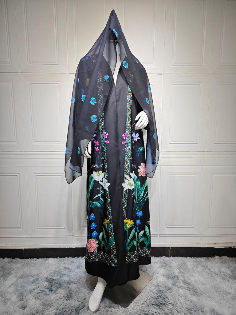MQ236 Women's Middle Eastern Fashion: Printed Abaya Robe with Hijab & Cardigan, Large Swing Overcoat