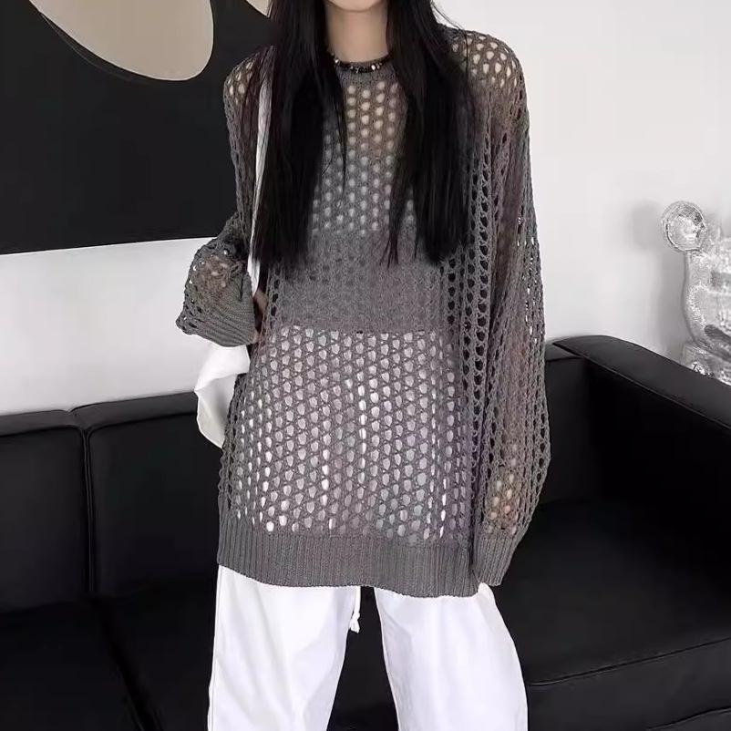 

Весенне-летняя вязаная одежда с перфорацией для защиты от солнца, женская тонкая свободная нишевая уникальная драпирующаяся кофта с длинным рукавом one size серый