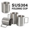 Camping Cup Tableware Nature Hike Travel Picnic Portable Mug Cupped Stainless Steel Water Cup Mug with Foldable Handle Cookware