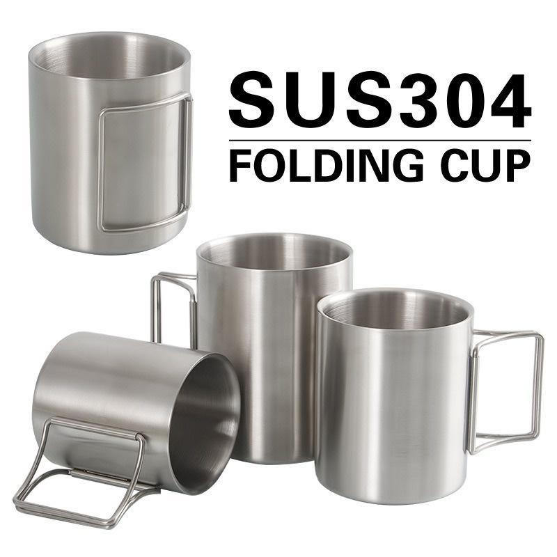 Camping Cup Tableware Nature Hike Travel Picnic Portable Mug Cupped Stainless Steel Water Cup Mug with Foldable Handle Cookware