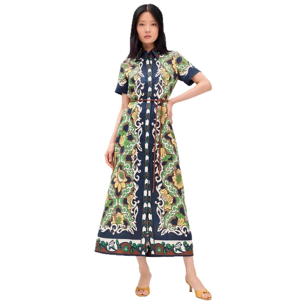 European and American Retro Contrasting Color Printed Shirt Skirt, Lapel Short-sleeved Long Temperament Holiday Dress
