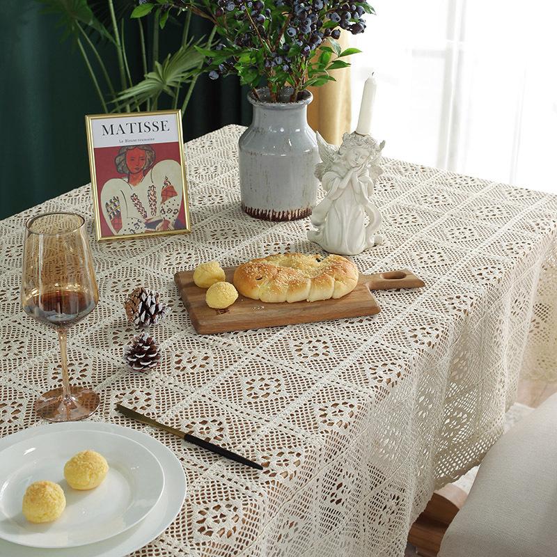 Cloth Dad Tablecloth Retro Crochet Hollowed Out Ultra-Rectangular Beige Fringed Coffee Table Western Table Cover Table Mat