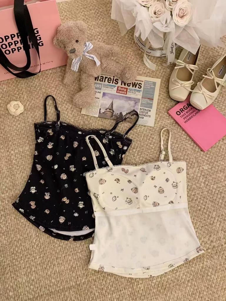 2026 Spring/Summer Slimming Bow Tie Camisole Vest with Padded Bust and Fun Print for Women