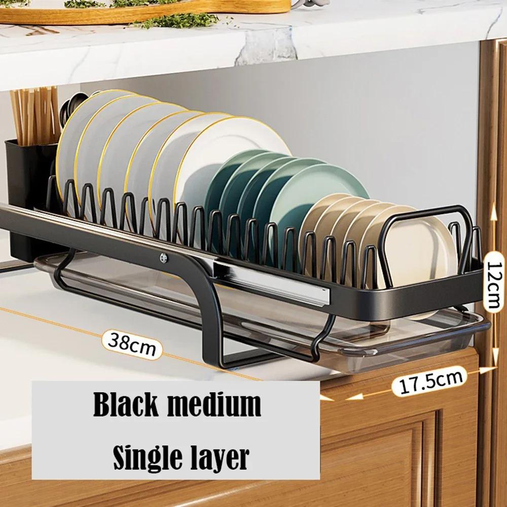 Black Bowl Dish Drainer Storage Rack Pull-out Drying Dishes Countertop Dinnerware Organizer Tableware Holder Kitchen Accessories