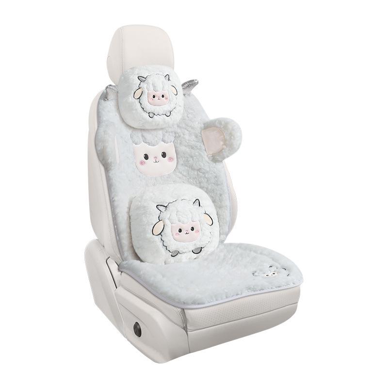 Universal Embroidered Lambswool Car Seat Cushion Set - Winter Warm 3-Piece Interior Decor.