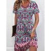 3D Retro Elements Geometric Print Summer Dress Short Sleeve V-Neck Casual Vacation Dress for Women