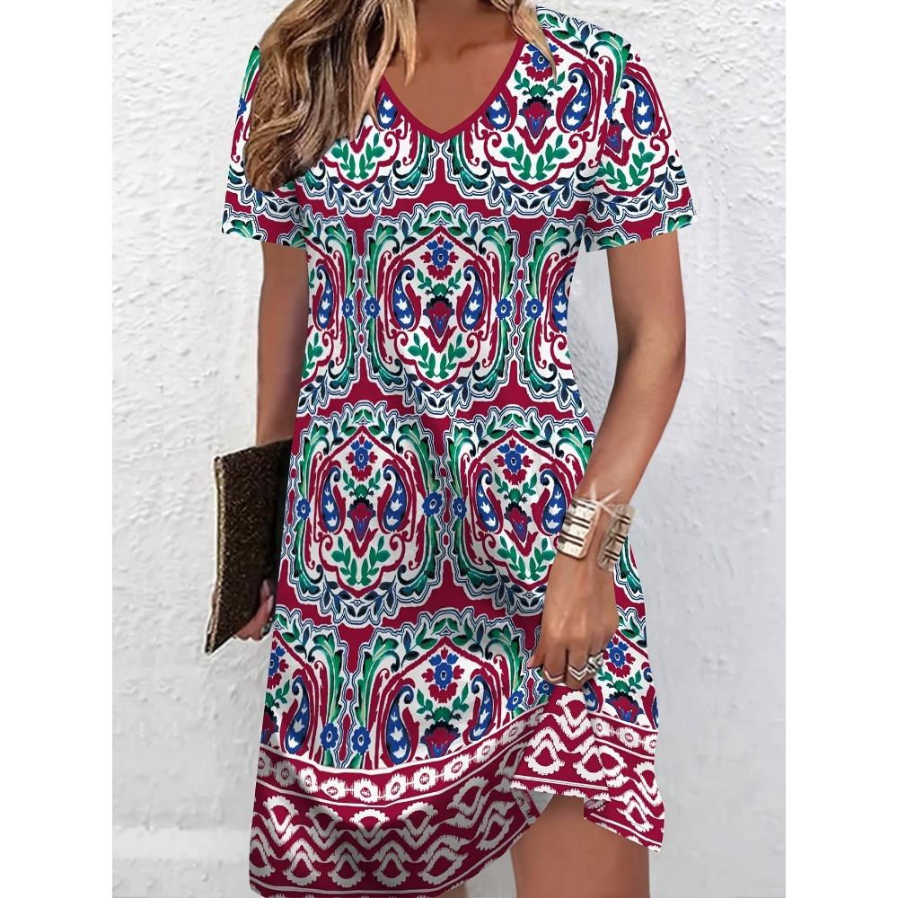 3D Retro Elements Geometric Print Summer Dress Short Sleeve V-Neck Casual Vacation Dress for Women