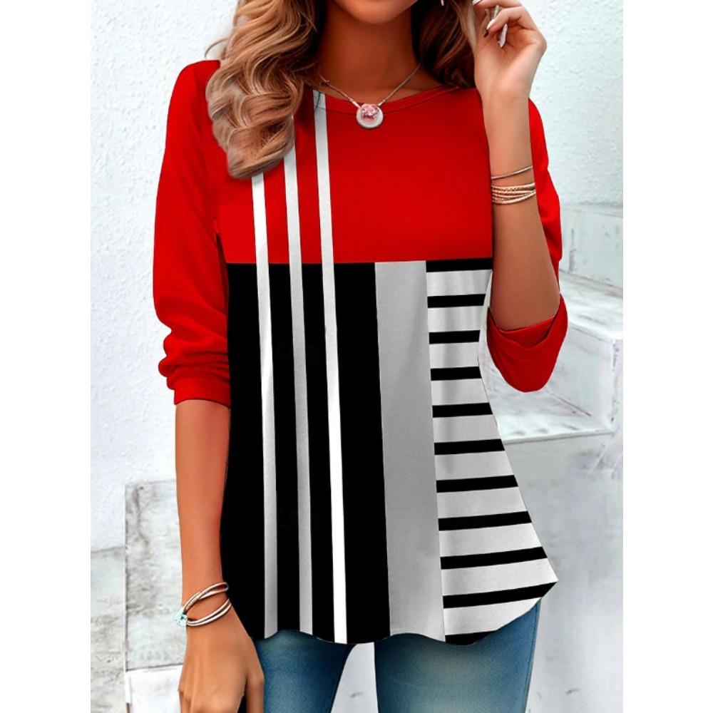 Oberteile für Damen Geometrisches Muster Print Rundhals Langarm T-Shirt Herbst Lässig Schlanker Pullover Damen Langarm Oberteil