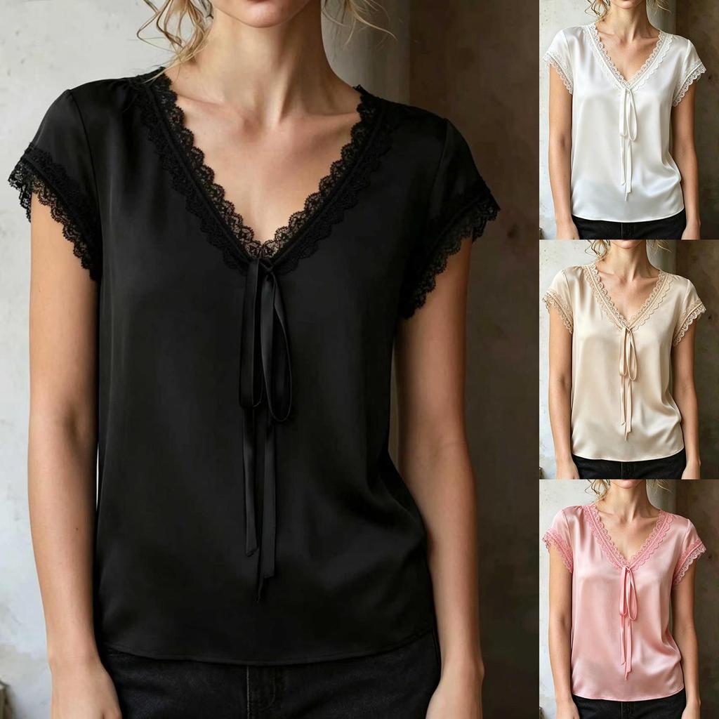 2026 European & American Women’s Short Sleeve Satin Lace V-Neck Shirt