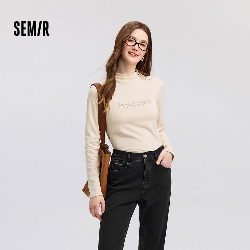 

Senma Long Sleeves T-shirt Women s Half Turtleneck Letter Silm Soft Glutinous Tops Fashion Women s Spring Embroider Pullover Trendy Milk White 10501 175/96A/XXL