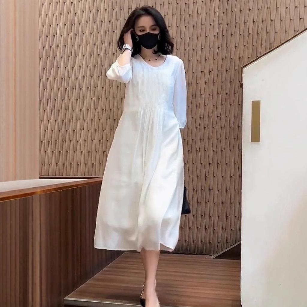 2025 summer new high-end white dress women's loose and thin gentle seven-quarter sleeve temperament skirt