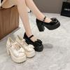 White Round Toe Platform High Heels Women Mary Jane Shoes Retro Bows Elegant Pumps Chunky Heel Spring Women's Wedding Shoes