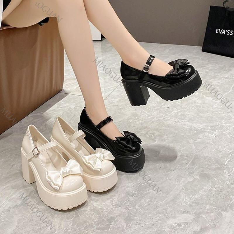 White Round Toe Platform High Heels Women Mary Jane Shoes Retro Bows Elegant Pumps Chunky Heel Spring Women's Wedding Shoes