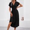 Kadın V Yaka Kısa Kollu A Kesim Elbise, Slim Fit Bel, Günlük Yazlık Elbise