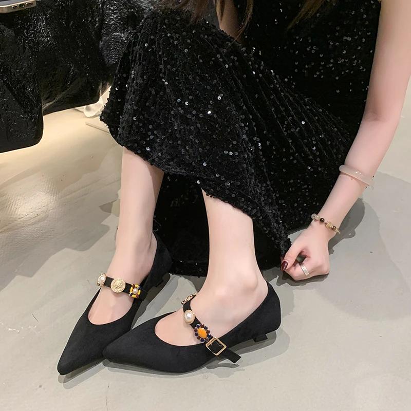Fashion 2025 New Fashion Retro Women  Metal Heels Shallow Mouth Luxury Pumps Mary Jane Sandals Ladies Metalic Fashion Latest Low Velvet