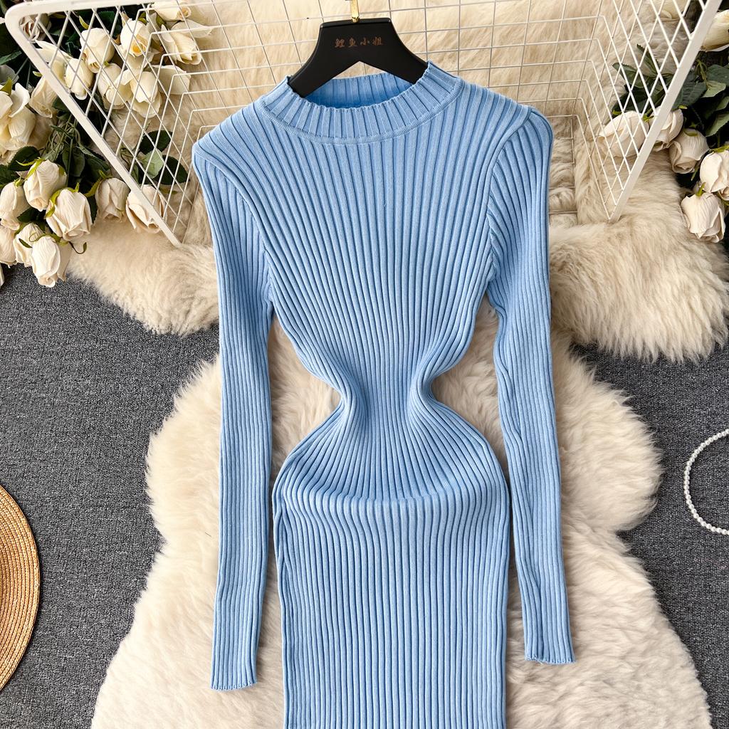 Abito aderente a maniche lunghe a maniche lunghe con scollo a O elegante elegante da donna Abito aderente in maglia aderente alla moda sexy con abiti elastici sottili